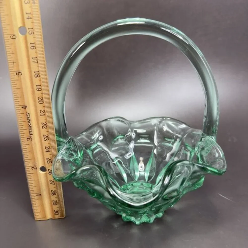 Vintage 1990s Fenton Sea Mist Green Glass Basket Ruffle‎ Edge Bowl W Handle VTG